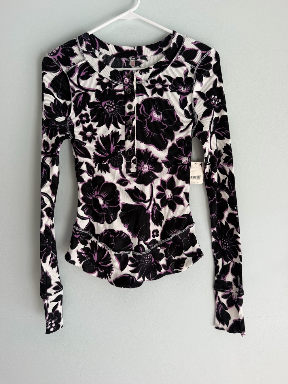 Free People Movement Black & Purple Rally Printed Floral Henley.  NWT Small